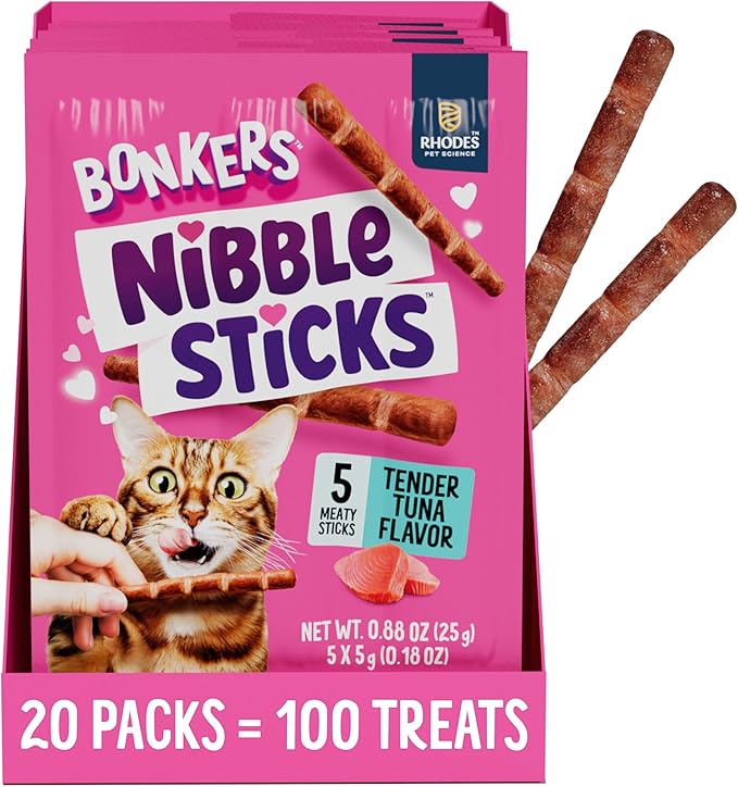 Bonkers Nibble Sticks Tuna Flavour Soft & Meaty Tender Treats for Cats, 5 Sticks (Pack of 20)