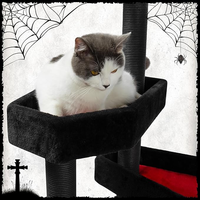 KAMABOKO Gothic Cat Tree with Coffin Bed, 46.9” Black Cat Tower for Indoor Cats with Scratching Posts, Halloween Cat Tree Tower for Large Cats, Black and Red