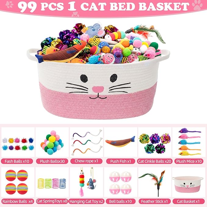 Leitee 100 Pcs Cat Storage Basket Gift Toys Set Cute Cotton Rope Basket, Fish Plush Mice Pet Bell Colorful Crinkle Balls Spring Toys Attract Cat to Swat, Hunt, Interactive for Pet (Basic,Pink,White)