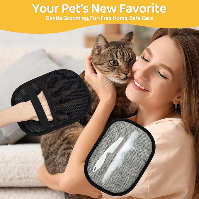 Pet Hair Removal Glove for Dogs & Cats, Upgraded 2PCS Five-Finger Electrostatic Pet Hair Remover with Grooming Comb, Reusable Washable Magic Brush Hair Tool Mitt for Clothing, Couch, Carpet, Car Seat