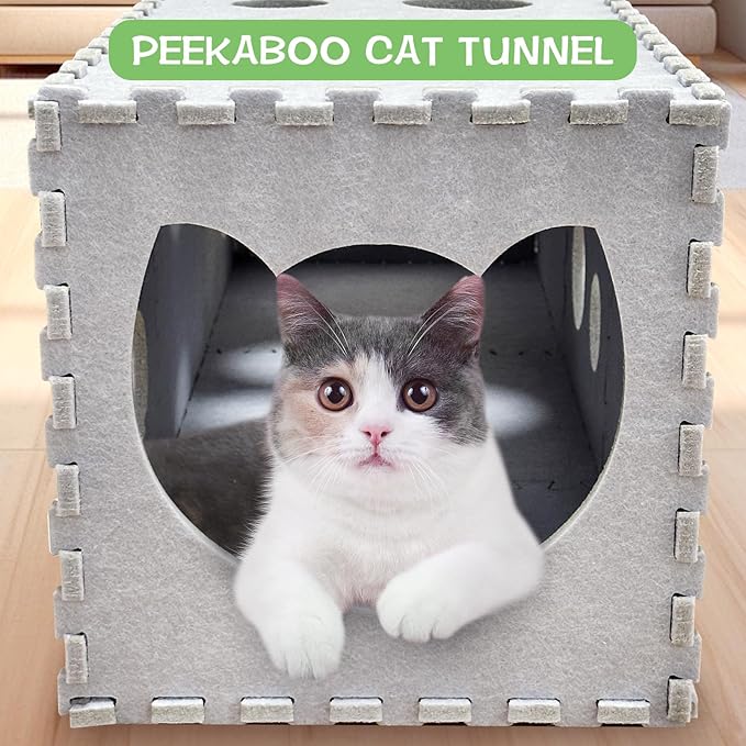 Fhiny Cat Tunnel for Indoor Cats, 14 PCS Felt Peekaboo Cat Cave with Interactive Peep Holes Foldable Kitten Play Tubes & Tunnels Cat Hideaway Cave Soft Felt Toys for Small & Medium Cats Up to 10lb