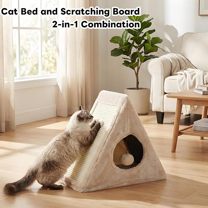 Cat Bed, 18"x10"x15.5" Creamy White Foldable Cat Beds for Indoor Cats, Cat House with Scratcher Board for Small Cats and Kittens