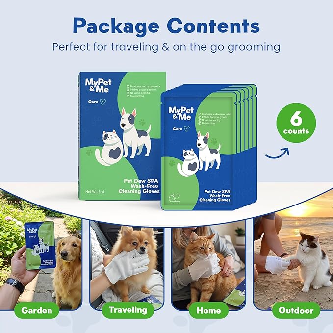 My Pet & Me Pet Glove Wipes for Dogs & Cats, Hypoallergenic No-Rinse Grooming with Olive & Jojoba Oil, Deodorizing Dog Bath Gloves & Lick-Safe Cat Wipes for Paws, Face, Ears, 6 Count Travel Pack