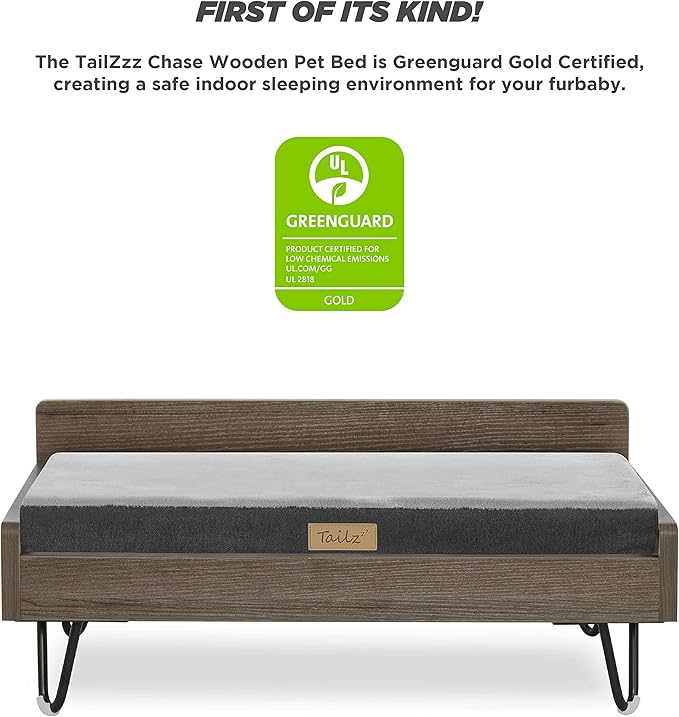 Wooden Dog Bed and Dog Couch with Water-Resistant and Calming Mattress, Small to Medium Elevated Pet Bed, Greenguard Gold Certified, Dog Beds & Furniture, Chase - TailZzz