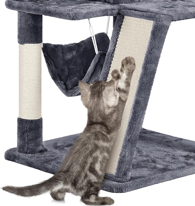 Topeakmart 40In Cat Condo for Medium Cats, Cat House with Sisal-Covered Scratching Posts & Soft Platform, Dark Gray