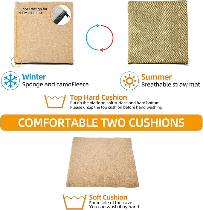 Cat Houses for Indoor Cat, Large 2-Sided Reversible Cushion Cat Condo with Safety Strap, Foldable Cat Hideway with Sisal Scratch Pad, All Seasons Pet Bed for Multi Cats,Light Grey