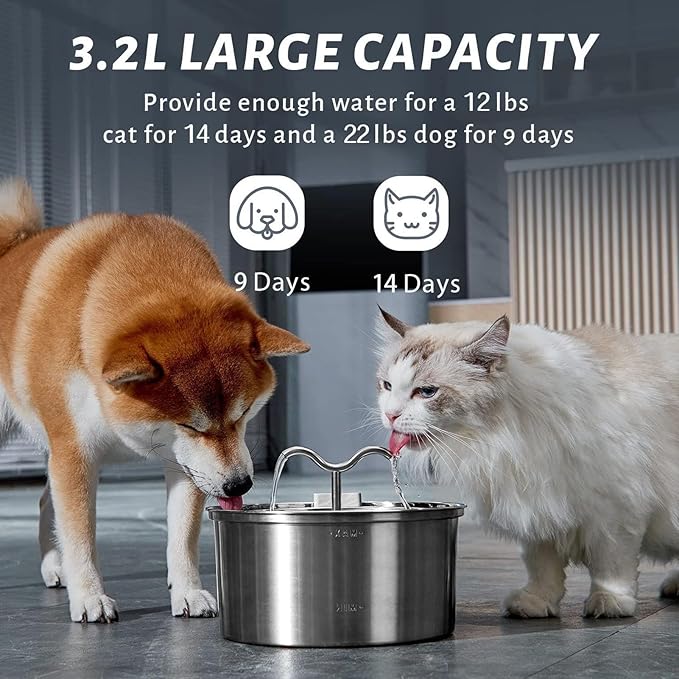 Stainless Steel Cat Water Fountain 3.2L Pet Fountain Water Bowl with Dual Spout Design for 2 Pets, Automatic Circulation & Filtration,Quiet Pump, Water for Indoor & Outdoor