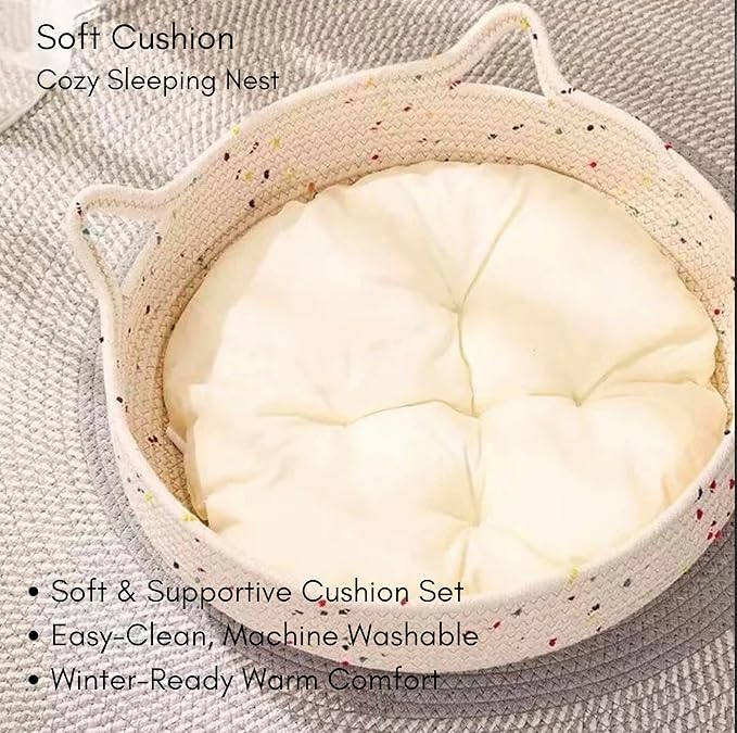 Cat Bed for Indoor Cats, 2-in-1 Cat Scratcher Bed, Round Washable Woven Basket with Soft Cushion, Cozy Kitten Bed, 17.7" x 5.9"