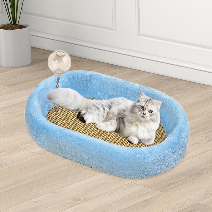 Baoblaze Kitten Bed Oval Cats Scratch Pad Furniture Protector with Ball Play Chasing Sofa Protection Training Toys Cat Scratcher Board, Blue