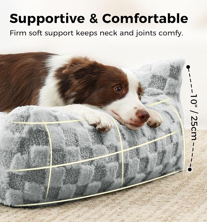 Made4Pets Cat and Dog Indoor Couch Bed, Soft Faux Fur Checkered Pet Sofa, Cozy Fluffy Pet Sofa with Supportive Foam, Removable Washable Cover with Non-Slip Base, Grey, Medium