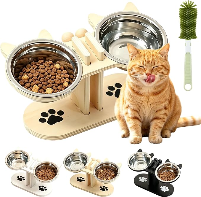 2026 New Anti-Slip Elevated 3-Bowl Pet Feeder, Cat Bowls With Stand Tilted, Stainlesssteel Cat Feeding Station, Ergonomic Elevated Cats Bowls With Wooden Base, Pet Feeding Station For Food & Water (C)
