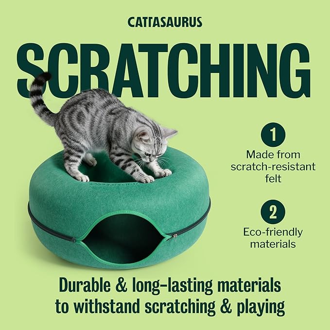 Cattasaurus Peekaboo Cat Cave Donut for Multiple & Large Cats up to 30-45 lbs, 3-in-1 Self Warming Cat Bed, Tunnel & Scratcher for Indoor Cats, Washable & Detachable Dog Bed (Forest Green, Large)