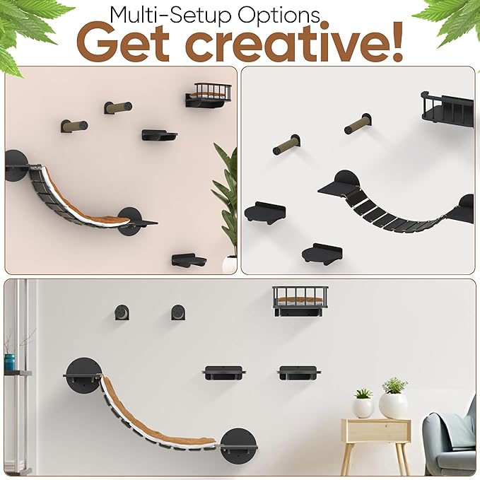 Cat Wall Shelves & Perches – 7-in-1 Cat Wall Furniture Set with Bed, Climbing Steps, Scratcher & Bridge Ladder – Black Bamboo Wall Cat Shelf for Indoor Cats