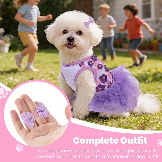 Dog Dress, Fashion Puppy Tutu Princess Dresses for Small Dogs Girl, Sweet Skirt with Dog Bowknot Clips, Spring Dog Cat Clothes Pet Apparel (Purple Floral Dress, XXX-Small)