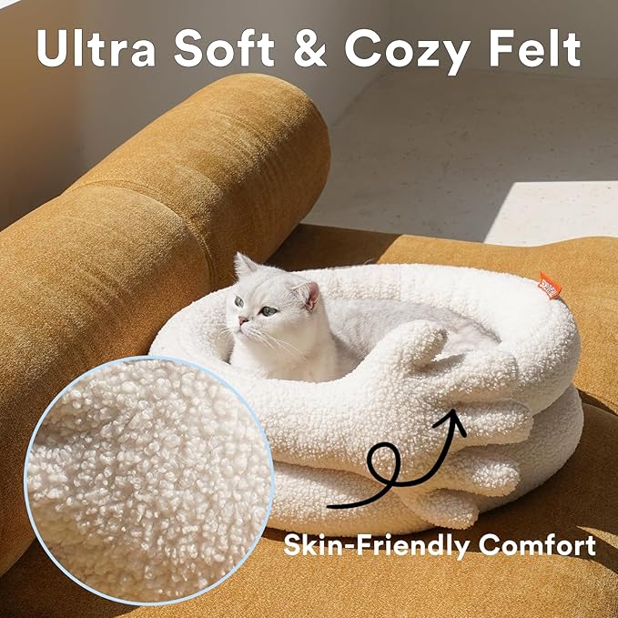 ZEZE Hugging Hand Cat Bed – Cozy Fleece Round Nest for Cats & Small Pets, Plush Supportive Cushion, Washable Cover, Modern Neutral Design, 21 x 26 x 9 Inches