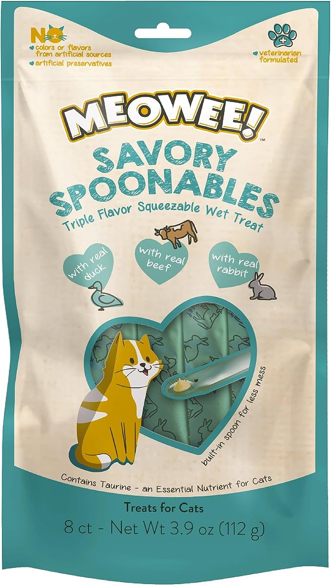 MEOWEE! Savory Spoonables with Real Duck, Beef & Rabbit, 8 Count Tube, Triple Flavor Squeezable Lickable Wet Treats for Cats with Built-in Spoon for Less Mess
