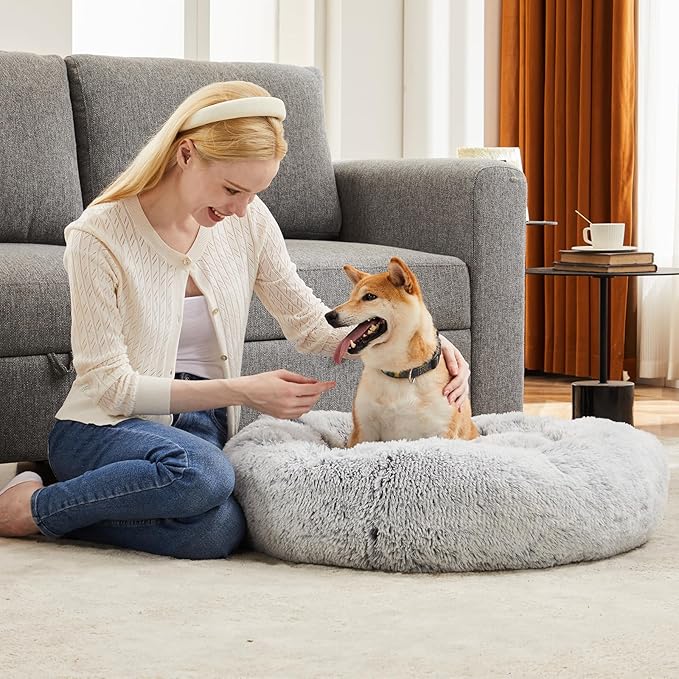 DUMOS 37.4x37.4 Inch Calming Donut Dog Beds for Large Dogs, Machine Washable Cuddler Warming Cozy Fluffy Faux Fur Plush Round Pet Bed, Anti-Slip Bed for Indoor Dogs and Cats, Grey