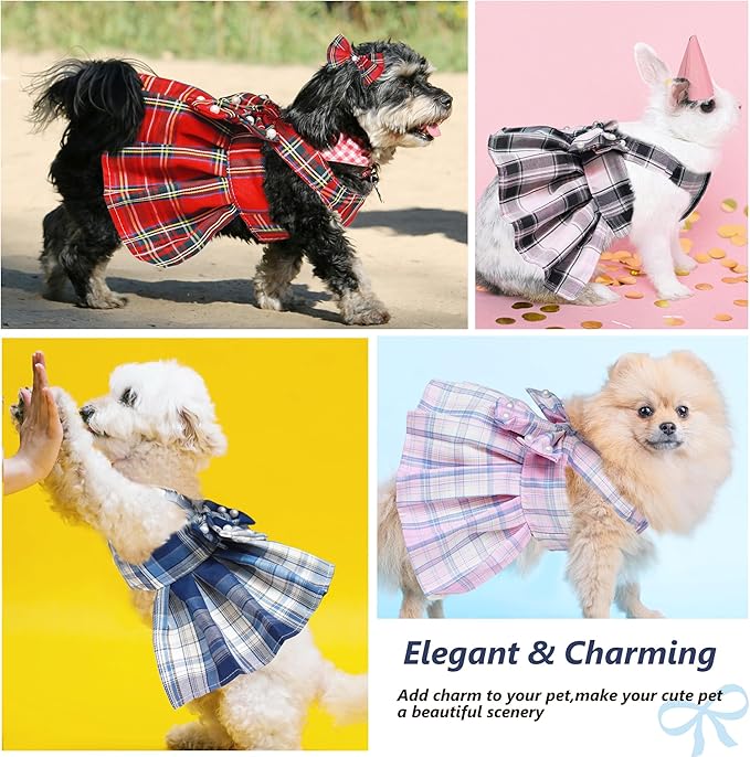 Dog Dress Bowknot Harness Leash Set for Small Dogs Girl Cute Plaid Dog Dress Pearls Bow Tie Spring Summer Princess Clothes Birthday Holiday Doggie Outfits for Puppy Cats Girl Apparel (Blue, Large)