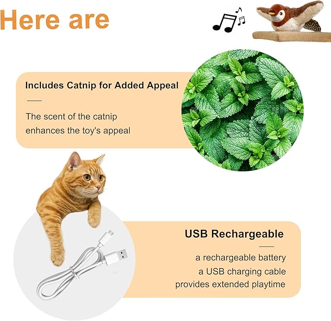 Flapping Bird Cat Toy, No Flying, Flapping & Chirping Wings Sparrow with Catnip, Rechargeable Touch Activated for Cats, Kitten or Small Dogs to Interact & Play