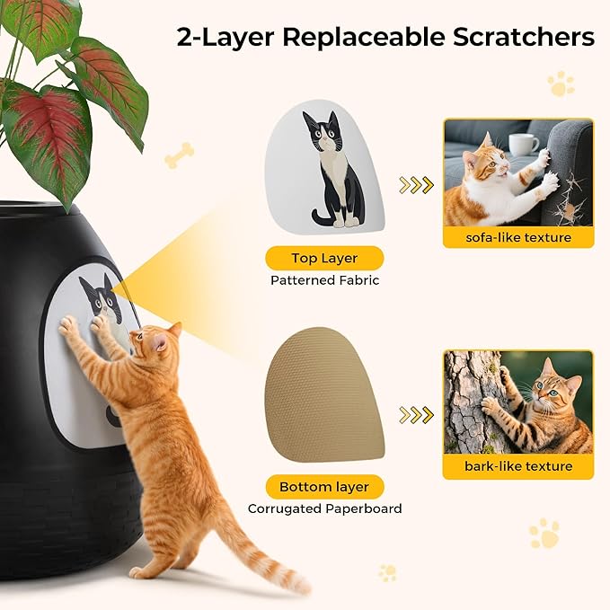 Copod8 Cat Bed Cave for Indoor Cats 4-in-1 Kitten House Cat Bed with Replaceable Scratching Board, Heating Pad, Air Purifier and Artificial Plant for Cats Rabbits Guinea Pigs Small Dogs (Black)
