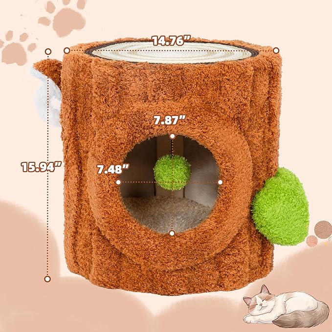 KAMABOKO Cat House for Indoors Cats, Luxury Cat House Bed with Scratch Table ＆ Soft Cushion, Cat Condo with Hanging Ball Toy for Small Medium Pets, Brown