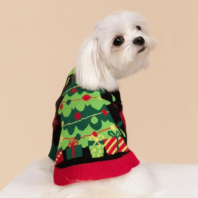 Fitwarm Christmas Tree Dog Sweater, Thermal Dog Winter Clothes for Small Dogs Boy Girl, Cozy Dog Christmas Outfit, Doggy Pullover Jumper, Holiday Pet Apparel, Black, Red, Green, Yellow, XXL