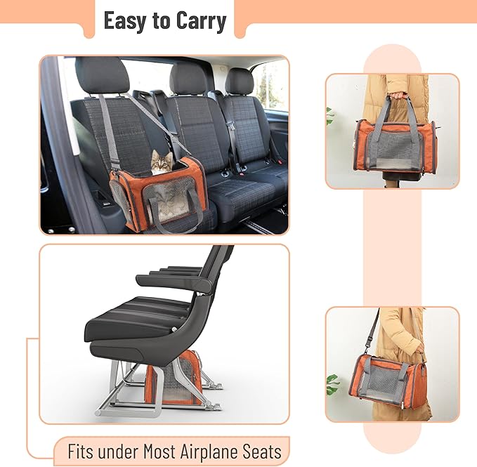 Mr. Pen- Pet Carrier, 17.5" x 11.2" x 11.5", Medium Size, Orange, Portable Travel Carrier for Small Pets, Cats & Small Dogs, Breathable Mesh, Safety Inner Leash, Side Pocket & Padded Shoulder Strap
