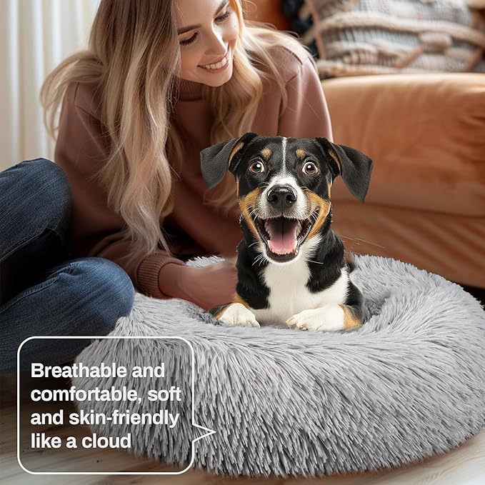 RAINFLOW Cat Bed - Calming Cat Bed for Small Kittens Donut Washable Round for Indoor Kittens and Puppies, Anti-Slip Round Fluffy Plush Faux Fur, Medium, Light Grey