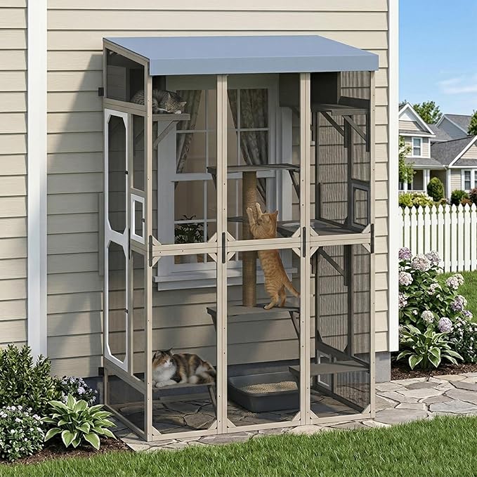 Extra Large Window Catio for Indoor Cats, 99.5" Bug-Proof Cat Enclosure Outdoor Cat Cage with 8 Jump Platforms & Scratching Post, Weatherproof Cat Patio for Window