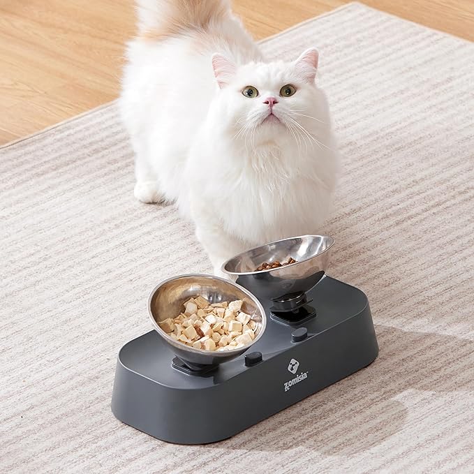 ZOMISIA Raised Cat Food and Water Bowls with 3 Height for Indoor Cats, 15° Tilted in Both Ways Elevated Base Anti Vomiting Cat Dishes, Anti Spill for Puppies