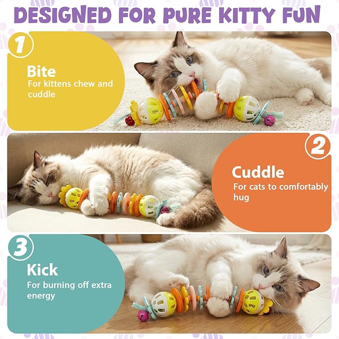 2 Pack Cat Toys with Catnip Bell Sound, Durable Interactive Cat Chew & Kicker Toys for Indoor Kittens & Cats Exercise, Safe Kitten Teething Toys for All Breeds Self Play, 7.8 Inchs, Colorful