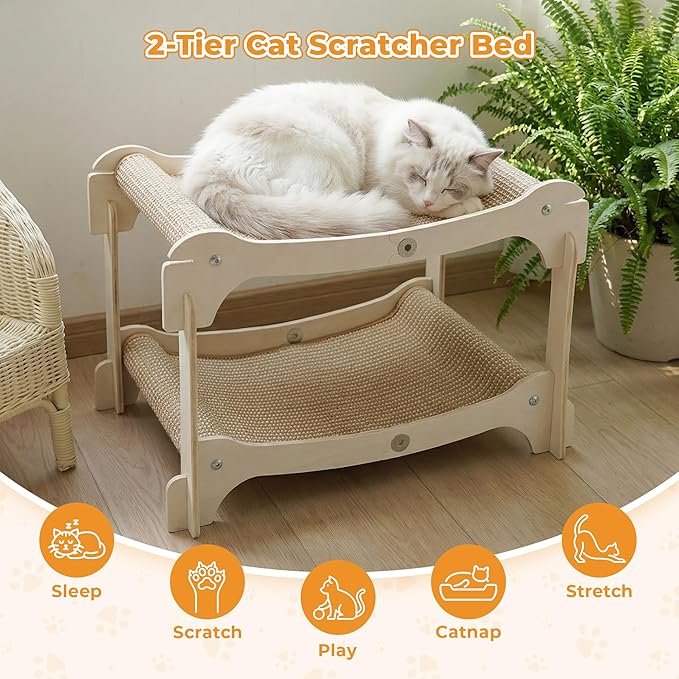 Two-Layer Sisal Cat Scratcher Bed - Large Scratching Board with Lounger Cat Scratch Pad, Sturdy Wooden Scratching Post for Indoor Kittens&Adult Cats, Easy Assemble Elevated Cats Bed Furniture