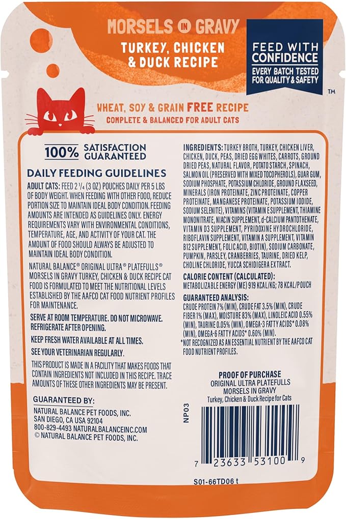 Natural Balance Original Ultra Platefulls Adult Grain-Free Wet Cat Food, Turkey, Chicken & Duck Recipe in Gravy, 3 oz (Pack of 24)