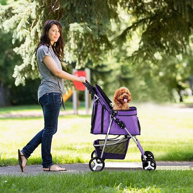 4 Wheels Foldable Pet Dog Cat Jogger Stroller Travel Carrier Strolling Cart w/Waterproof Cover Storage Basket Cup Holder & Removable Liner for Medium Small Cat Dog, Purple