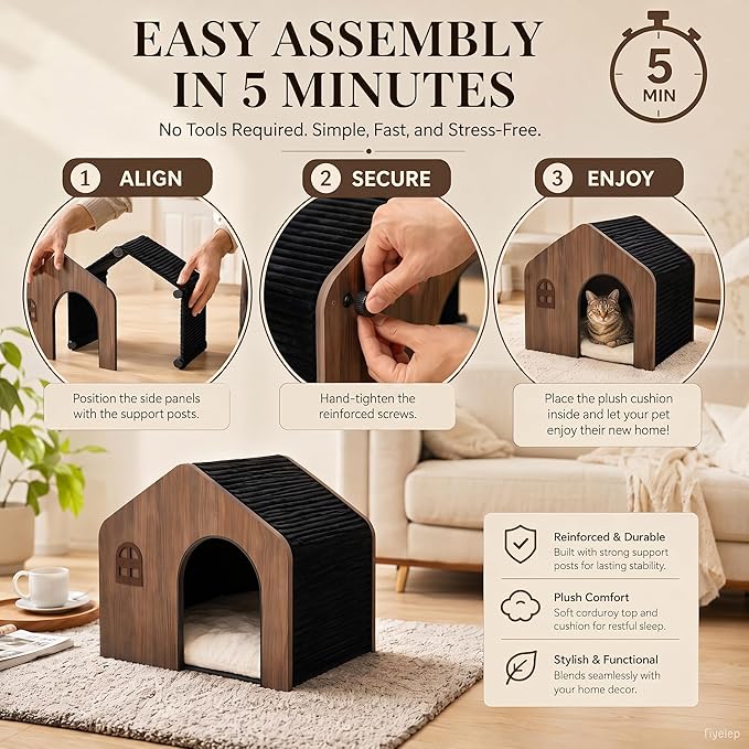 Modern Wooden Cat House Indoor – E0 Grade Enclosed Cat Cave Bed with Washable Cushion, Eco-Friendly Non-Toxic Pet Furniture for Kittens & Medium Cats