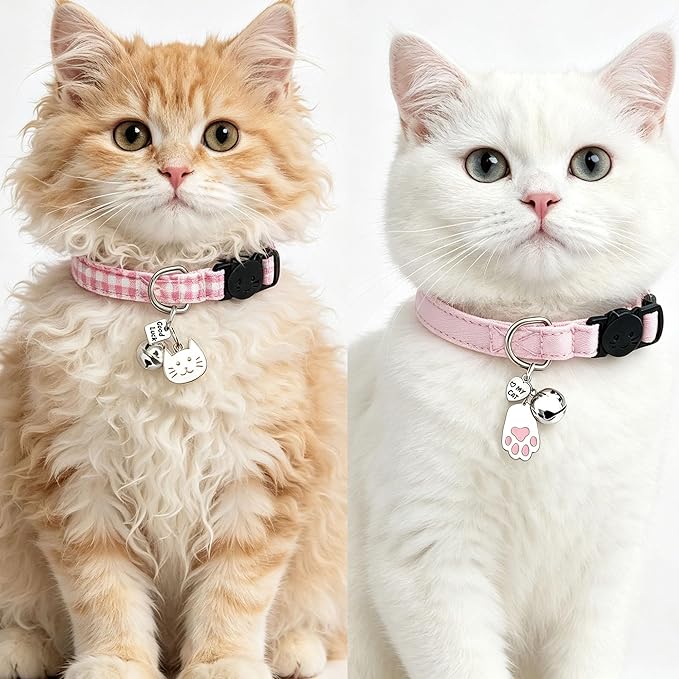 2 Pack Cotton Breakaway Cat Collars with Bell and Charms Pink Solid Plaid Safety Collars for Girl Boy Cats, Cat Head and Paw Pendant Cute Kitten Collars