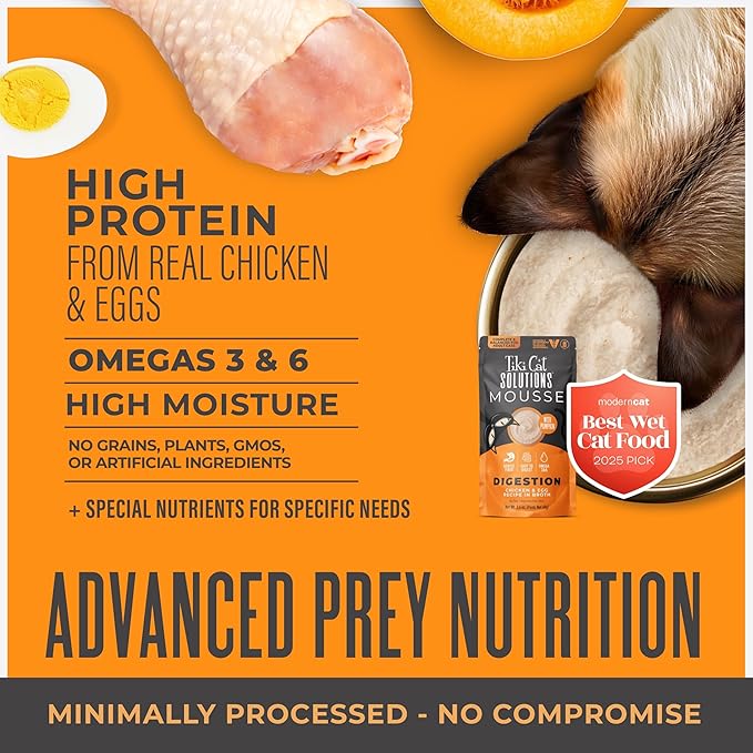 Tiki Cat Solutions Digestion Mousse, Chicken & Egg Recipe in Broth, Formulated to Support Healthy Digestion, Functional Wet Cat Food, 2.4 oz. Pouch (12 Count)