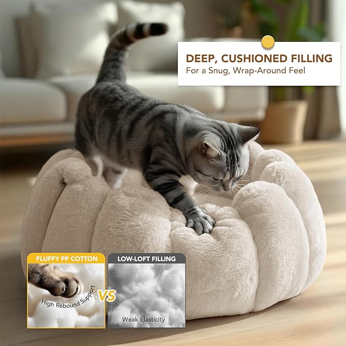 PETNOVO Pumpkin Cat Bed, Cream Plush Donut Cuddler with High Bolster, Non-Slip Cozy Nest for Indoor Cats up to 13 lb and Small Dogs, 20L x 20W x 12H Inch