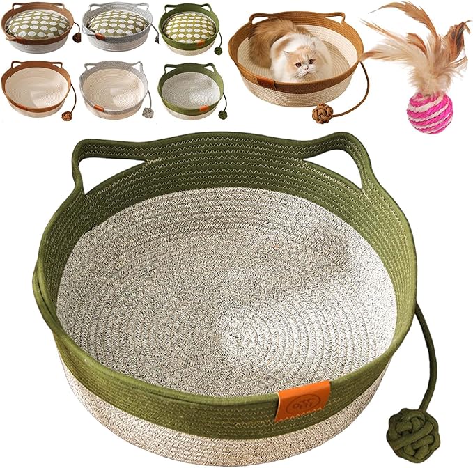 Cat Toy Baskets for Indoor Cats, Cotton Rope Woven Cat Basket Bed, Ergonomic Design with Cat Ear Handles & Interactive Teaser Ball, Soft, Breathable, Scratch-Resistant (Green,M)