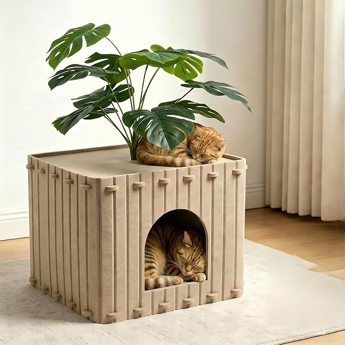 Cat Houses for Indoor Cats with Decorative Plants, Hidden Indoor Cat Bed Cave, Cozy Felt Design, Strong Scratch-Resistant Capacity, Hideaway Cat Condo, Ideal for Home Decor, Dark Camel