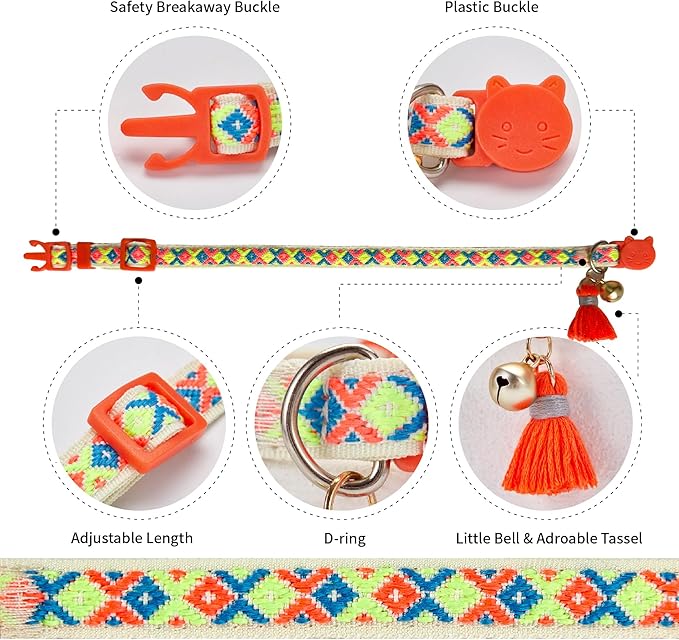 2 Pack Cat Collar Breakaway Cute Colorful Pattern for Cat Boy Girl Adjustable Length Collar with Little Bell Tassel Tribal Bohemian Pattern (2 Pack⎮Orange+Blue)