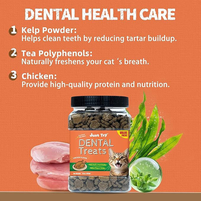 Just Try Dental Health Treats for Cats - Advanced Kelp Clean Teeth & Fresh Breath - Reduce Plaque & Tartar - Chicken Flavored Chews - 16 OZ