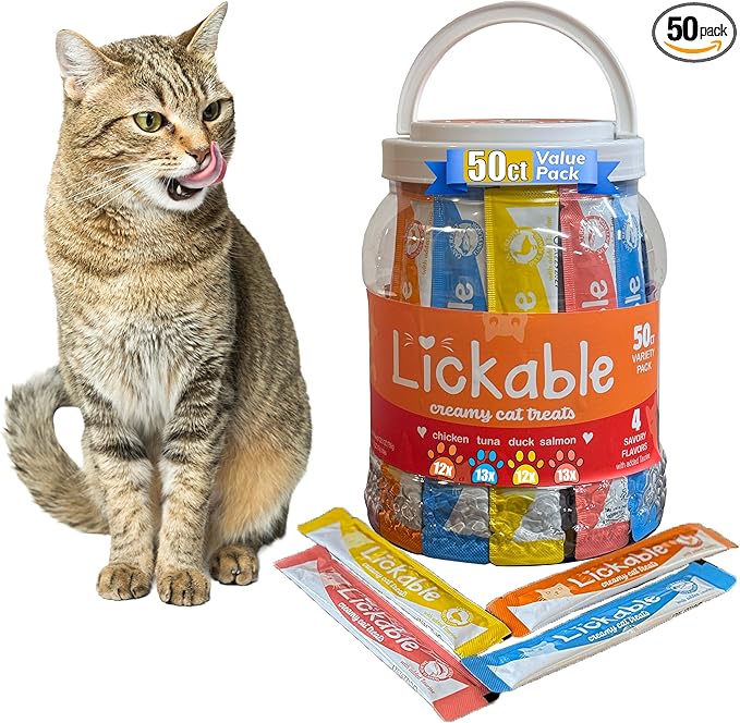 Fieldcrest Farms Lickable Creamy Cat Treats – 50ct Variety Pack – 4 Savory Flavors (Chicken, Tuna, Duck, Salmon) with Taurine – Smooth, Tasty Cat Treat Tubes – Serve by Hand, Dish, or as a Topper
