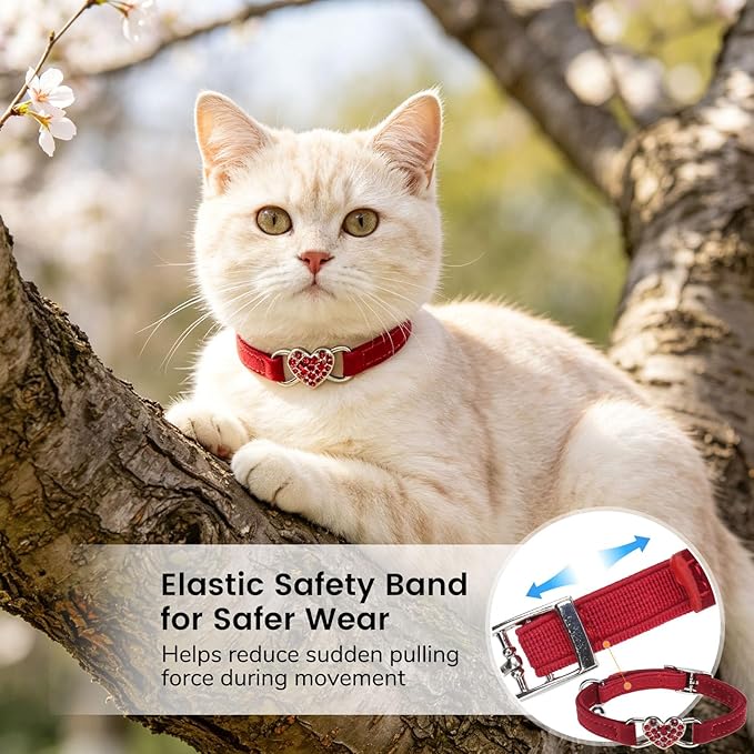 BINGPET Diamond Cat Collar,Adjustable Soft Velvet Leather Safe Kitten Collar with Crystal Heart Charm and Bells,Girl Boy Bling Stylish Cat Collars with Safety Elastic (Red, Neck Girth 8"-10"