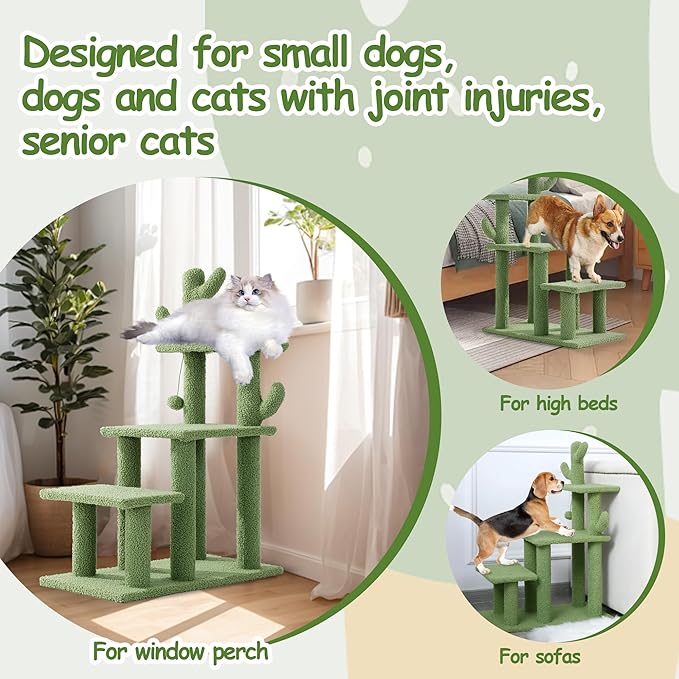 HOMBYS Cautus Cat Stairs for Old Cats & Dogs, Pet Steps for High Beds, Couch & Window,Vertical Cautus Green Cat Tree with Dangling Balls for Indoor Pets Climbing Playing, Holds Up to 150 Lbs,