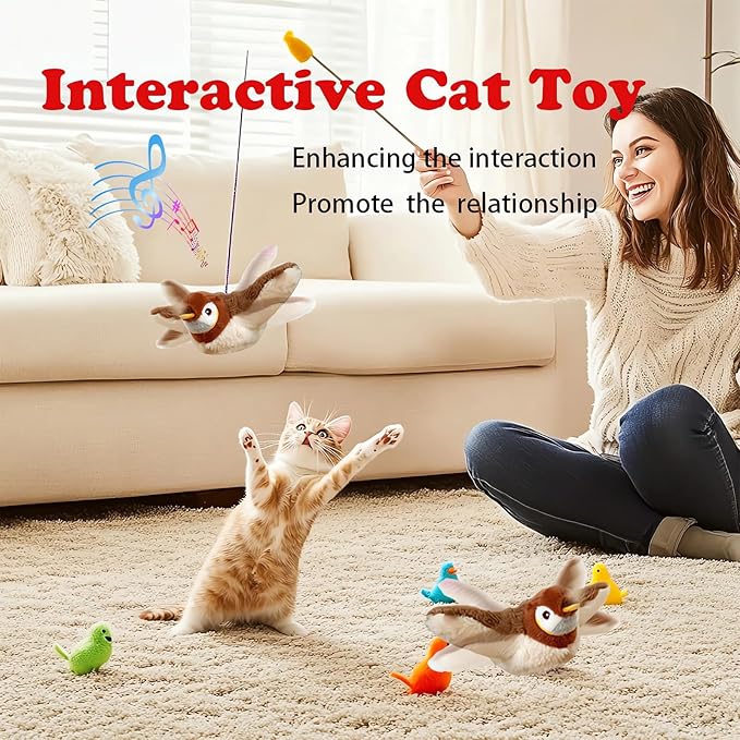 Upgraded Interactive Chirping Bird Cat Toys with Flapping Wings,No Flying Birds Cats Toy, Flying Simulation Electric Sparrow Shaking Hunting Pet Toy for Indoor-Larger