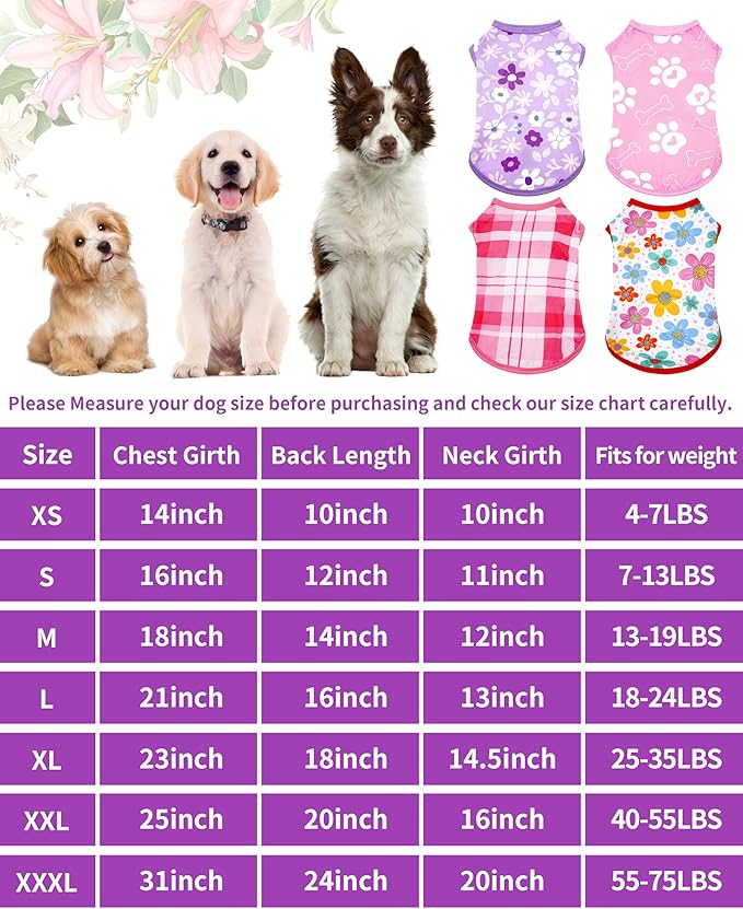 PET SHOW 4 Pack Summer Dog Shirts for Large Dogs Girl UPF 50+ UV Sun Protection Cooling Clothes Tank Top Floral Dog T-Shirts Pet Holiday Party Sleeveless Vest Pink(XX-Large)