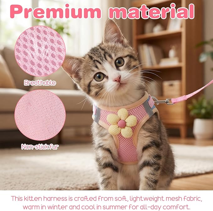 Flower Cat Harness and Leash Set for Walking Escape Proof, 10.2-11.8in Neck Adjustable Kitten Harness and Leash Set Breathable Soft Mesh with Reflective Strap for Kitten Bunny Cat Puppy