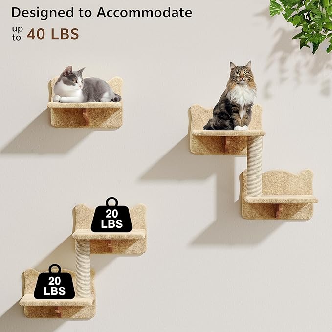 Cat Wall Shelves, Wall Mounted Cat Shelf Furniture with Plush Fabric(13 Piece Set), Cats Furniture with Moon Hammock, Condos, House, Steps, Bridge Ladder, Scratching Post, Beige