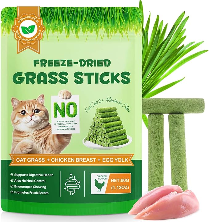 Freeze-Dried Cat Grass Sticks for Teething, High Meat Content Hairball Control & Dental Health Chews, Grain-Free Cat Treats with Chicken & Egg Yolk